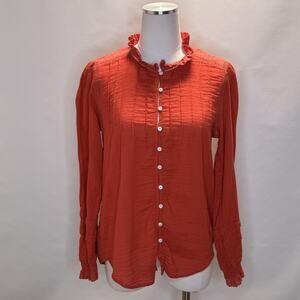 Faherty Blouse Womens Medium Orange Organic Cotton Mock Neck Long Sleeve Top